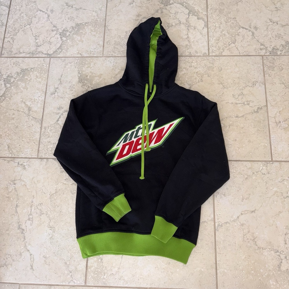 Mountain Dew Graphic Hoodie Black Green Mens Medium Logo Sweatshirt Hole Hood